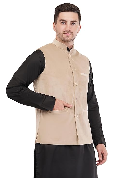 Men's Velvet Modi Nehru Jacket Waistcoat Beige- Classic Sleeveless Indian Waistcoat, Weddings & Formal Events