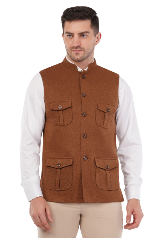 Rust brown tweed multipocket Nehru jacket for men with structured fusing and padding