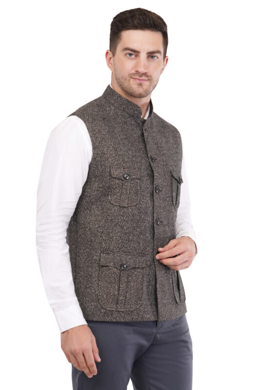 Men's Tweed Wool Multipocket Modi Nehru Jacket Waistcoat