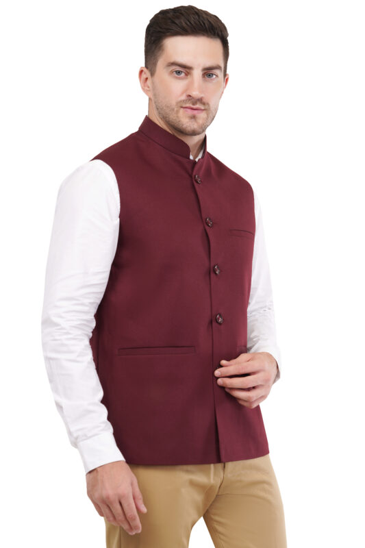 Men's Maroon Solid Nehru Jacket Waistcoat- Formal & Traditional Sleeveless Jacket