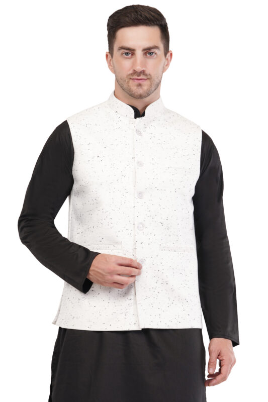 Men's White & Black Self-Pattern Modi Nehru Jacket Waistcoat Wedding & Formal Wear