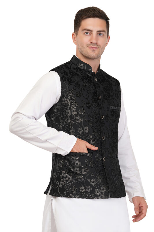 Men's Velvet Embossed Printed Modi Nehru Jacket Waistcoat: Party, Festive, Wedding Occasion Wear Multiple colors: Wine, Black
