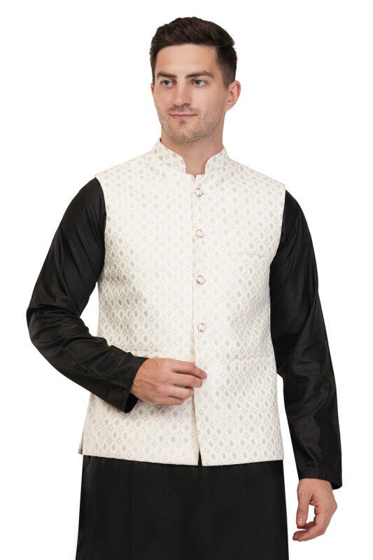 Men's Off-White Designer Nehru Modi Jacket with Golden Embroidery - Elegant Sleeveless Vest, Ethnic Indian Waistcoat Weddings, Festive & party