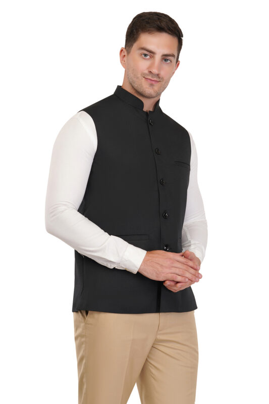 Men's Black Solid Nehru Jacket Waistcoat - Formal & Casual