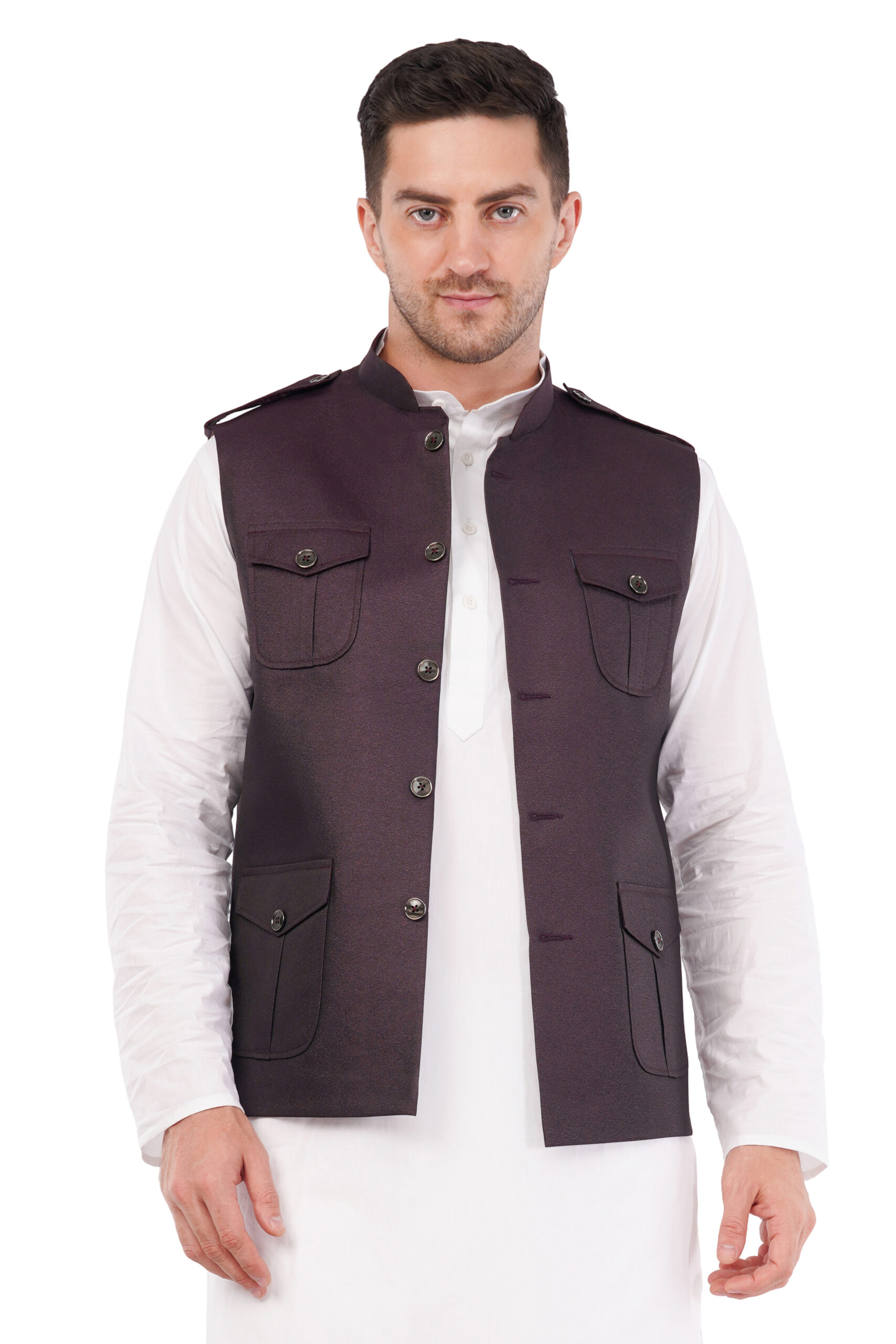 Men’s Royal Silken Jacquard Hunting Nehru Jacket in Wine Colour – Multi-Pocket Waistcoat Multiple Colours