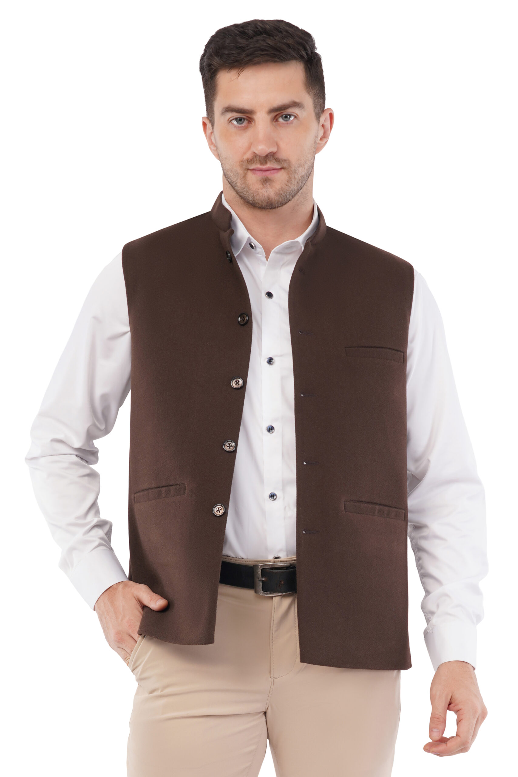 coffee brownn tweed wool solid Nehru jacket for men with tailored fit and rich textured fabric