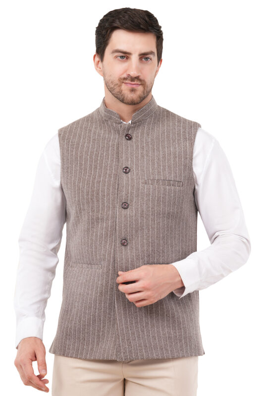 Striped Tweed Nehru Jacket for Men | Mandarin Collar Modi Jacket
