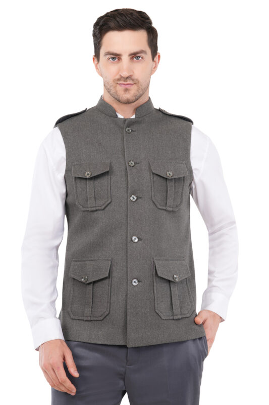 Tweed Wool Multipocket Modi Nehru Jacket for Men | Hunting Jacket